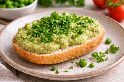 Grüner Erbsen-Aufstrich mit Tahin und Petersilie auf Brot
