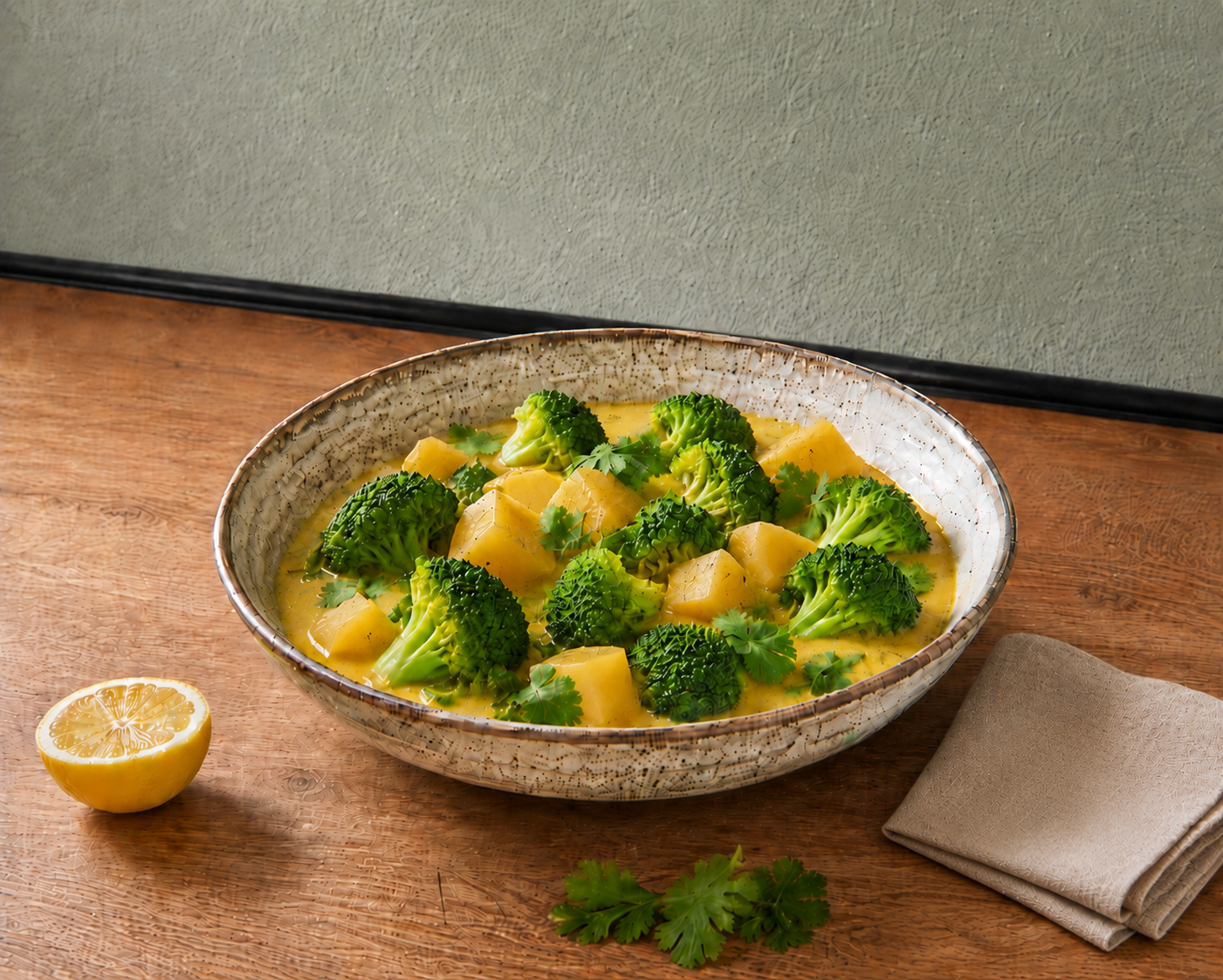 Cremiges Brokkoli-Curry in rustikaler Schüssel mit Sesam, Zitrone und Koriander auf Holzarbeitsplatte